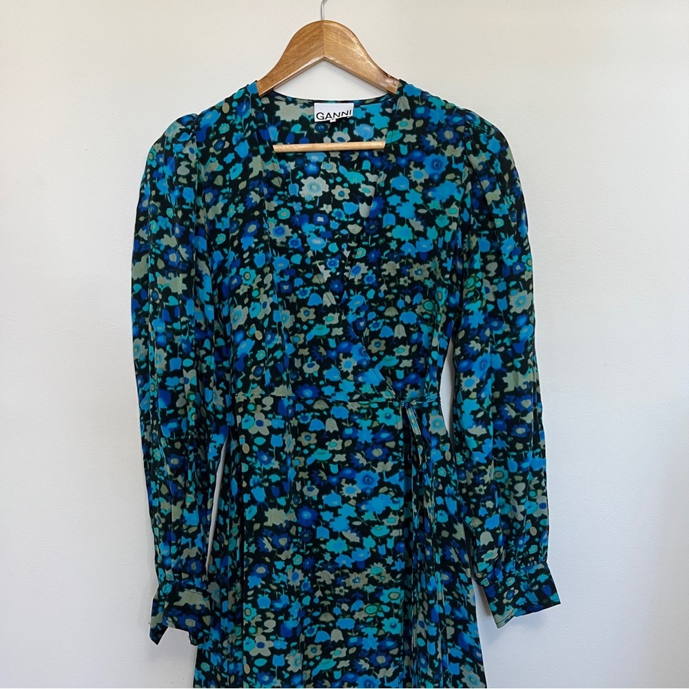 Ganni Blue Wrap Dress Azure Blue Floral V Neck Long Sleeve Silk Blend Sz 34 EU - Picture 3 of 6